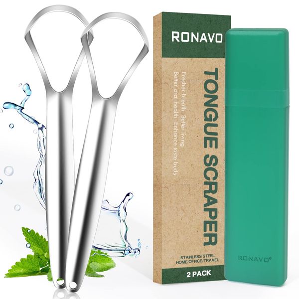 RONAVO Tongue Scraper for Adults, 2 Pack Tongue Scrapers for Oral Hygiene and Fresh Breath, Stainless Steel Tongue Cleaner with Case, Dentist Approved, Easy to Use and Clean