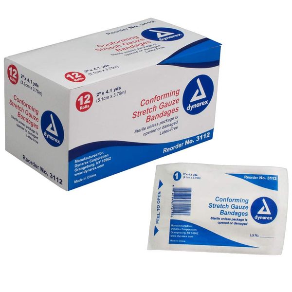 Dynarex Stretch Gauze Bandage Roll Sterile 2 Inches by 4.1 Yards, 12 Rolls Each (Pack of 1)