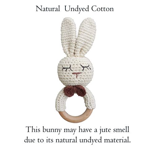 Natural Crochet Teether Toy Rattle for Baby Forest Friends Handmade Amigurumi Crochet Bunny Deer Fox on Natural Wooden Teething Ring Rattle Natural Baby Toys (Organic Bunny)