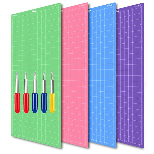 EVISWIY 4PCS 12x24 Mats for Cricut Maker 3/Maker Explore Air 2/Air/One with 5 PCS Blades StandardGrip/LightGrip/StrongGrip/FrabricGrip Multiple Green Blue Purple Pink Cricket Cutting Mats for Cricut