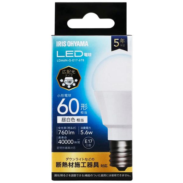 Iris Ohyama LDA6N-G-E17-6T8 LED Bulb, E17, Wide Light Distribution, 60W, Daylight White