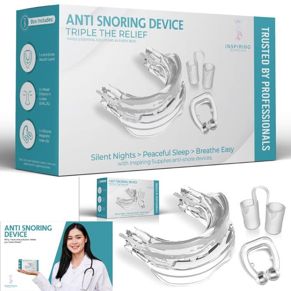 Anti Snoring Devices, Triple Pack Inspiring Supplies 3 in 1 Anti Snoring Aids for Men and Women, Stop Snoring Adjustable Mouthpiece, Nose Vents, Magnetic Nose Clip to Prevent Snoring. Snore Stoppers.