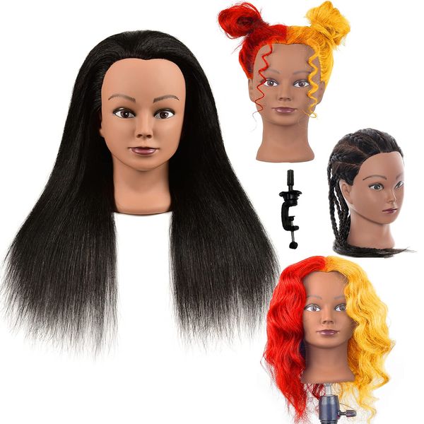 100% Real Hair Professional Mannequin Head, Cosmetology Manikin Practice Head, Upgrade Hairdresser Cosmetology Training Head For Styling Braid Curl Cut Practice (20'')