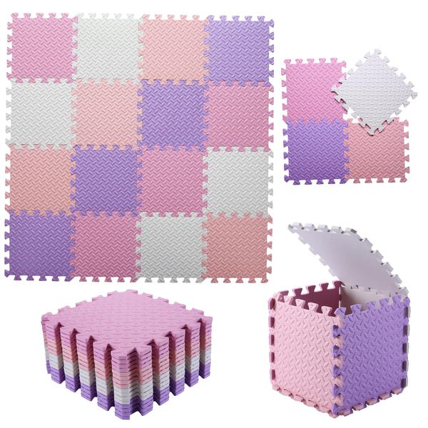 Foam Play Mat for Baby, 0.4 Inch Thick Foam Interlocking Floor Mats, Soft Non-Toxic Baby Playmat, Solid Colored Puzzle Play Mat Kids Floor Mats, 16 Tiles, White/Purple/Pink/Loli Pink