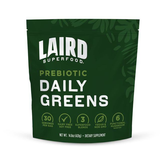 Laird Superfood Prebiotic Daily Greens Powder – Essential Vitamins & Minerals - Prebiotic Fiber, Adaptogen and Fruits & Vegetables – Supports Gut Health – Non-GMO, Vegan - 14.8 oz Bag, Pack of 1