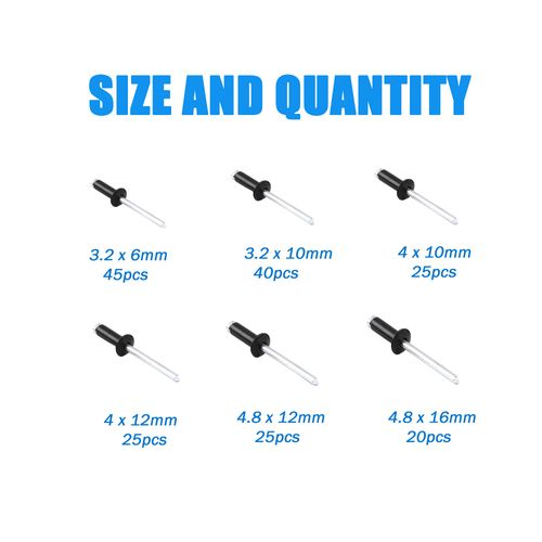 180pcs Aluminum Blind Rivets, BESTYCHAO Pop Rivets Assortment Kit 6 Sizes Black Pop Rivet 3.2mm 4mm 4.8mm