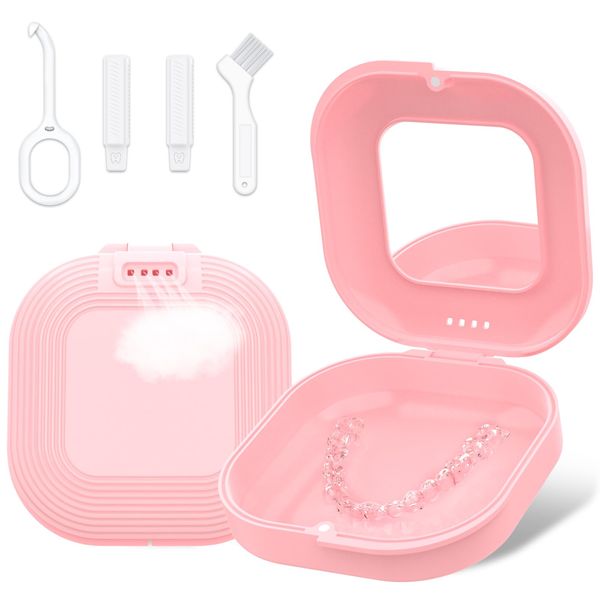 Retainer Case with Mirror and Vent Holes, Cute Retainer Holder Case Compatible with Invisalign, Aligner and Night Guard Case, Slim Retainer Case with Retainer Removal Tool, Chewies & Brush (Pink)