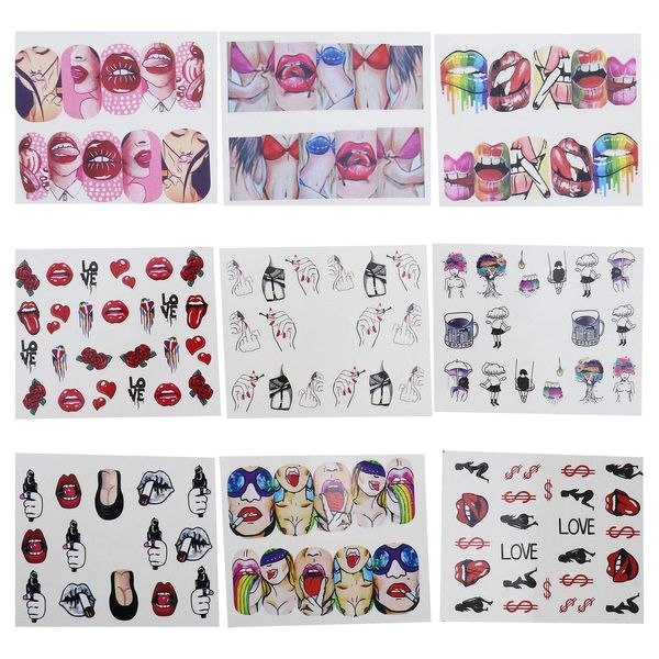 18 Sheets Nail Stickers Water Transfer Nail Art Decals Trendy Manicure Women Girls Fingers Toes Nail Tattoo Decoration Red Kiss Lips Sexy Girls Nail Art Supplies