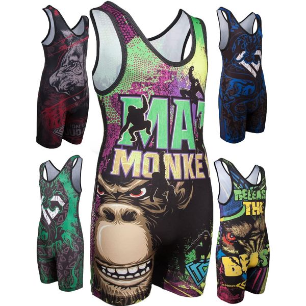 KO Sports Gear - Unisex Wrestling Singlet, Comfortable & Breathable, 4 Way Stretch, Gymnastics, Running, Weightlifting (Mat Monkey, Youth Medium)