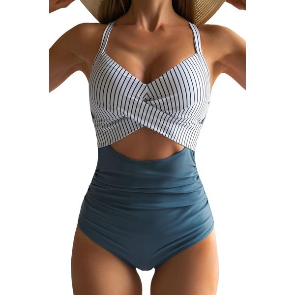 Eomenie Women's One Piece Swimsuits Tummy Control Cutout High Waisted Bathing Suit Wrap Tie Back 1 Piece Swimsuit Blue Striped