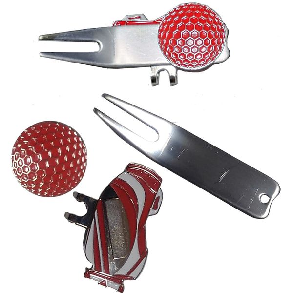 GRJ Golf Ball Marker Green Fork Set Clip On Divot Tool Golf Fork Ball Line Marker (Red)