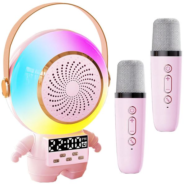 HSEONEJIA Mini Karaoke Machine for Kids, Portable Bluetooth Speaker with Clock LED Light and 2 Wireless Microphones, Christmas Birthday Gifts for Toddler Girls and Boys Age 3-5 Year Old (Pink)