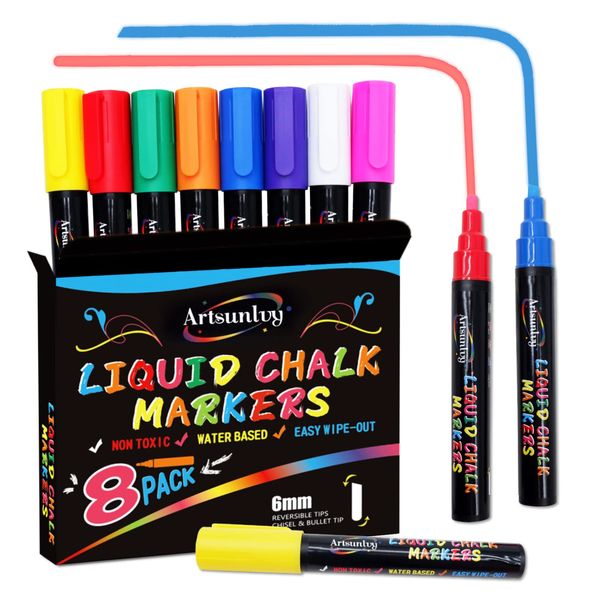 Artsunlvy 8 Colors Chalk Markers,Erasable, Non-Toxic, Water-Based, Reversible Tips, Chalkboard Markers for Kids,Adults,Signs, Windows, Blackboard,Dry Erase Marker Pens