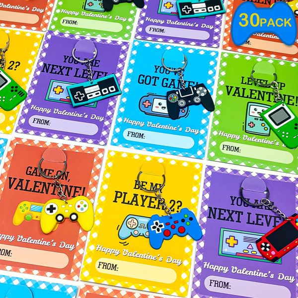 Leetous Valentines Day Gifts Cards for Kids Classroom, 30 Pack Video Games Keychains with Class Exchange Cards for Kids, Valentine Goodies Bag Stuffers School Party Favors Prizes Treats for Boys Girls