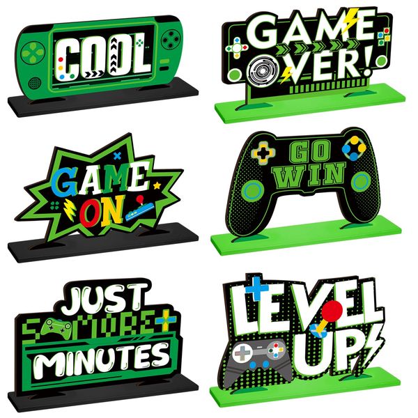 Geetery 6 Pcs Video Game Party Centerpieces Wood Level up Birthday Decorations Gaming Desk Decor Pixelated Game on Table Sign for Adults Birthday Party Game Gaming Theme Fans Supplies (Green)