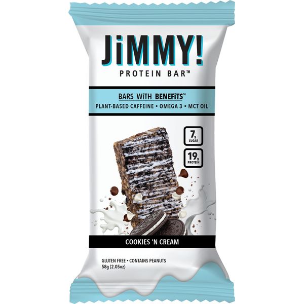 JiMMY'S! Functional Protein Bar - Cookies and Cream -12 Count - 18g Protein with Caffeine, Omega 3 and MCT Oils - Low Sugar, Gluten Free, Energy-Boosting