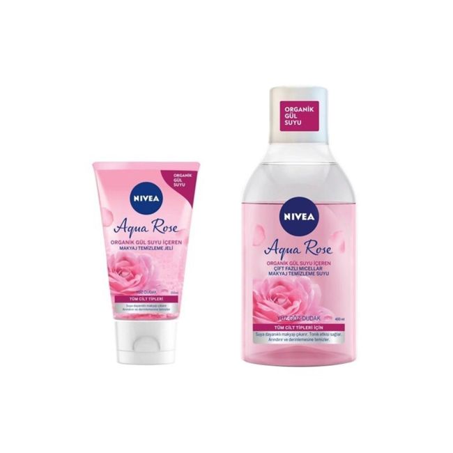 Aqua Rose Organik Gül Suyu Içeren Makyaj Temizleme Jeli 150 Ml + Çift Fazlı Temizleme Suyu 400 Ml