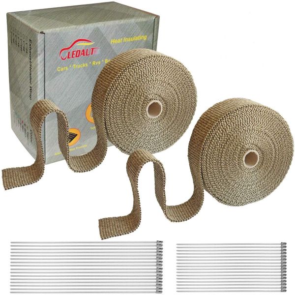 LEDAUT 2 Roll 2" x 50' Titanium Exhaust Heat Wrap Roll for Motorcycle Fiberglass Heat Shield Tape with Stainless Ties