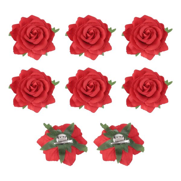 sourcing map 8 Pcs Rose Flower Hair Clips 4 Inch Flower Hair Pins Flower Brooch for Women Hair Accessories Red