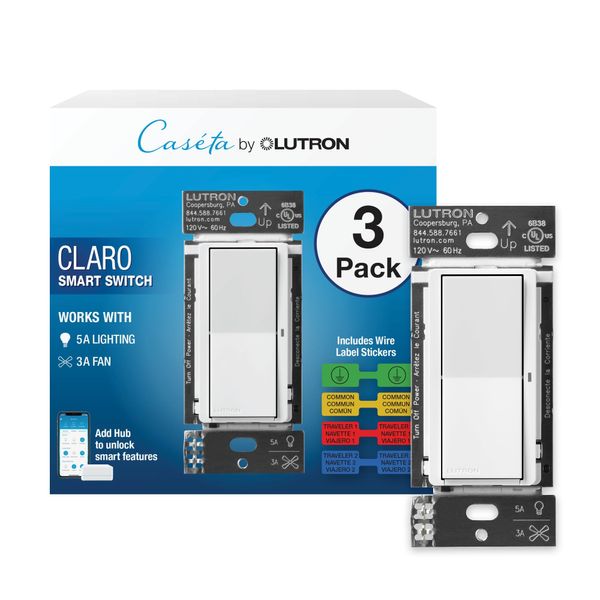 Lutron Claro Smart Switch for Caseta Smart Lighting, for On/Off Control of Lights or Fans | Includes Wire Label Stickers | Neutral Wire Required | DVRF-5NSS-WH-R-3 | White (3-Pack)