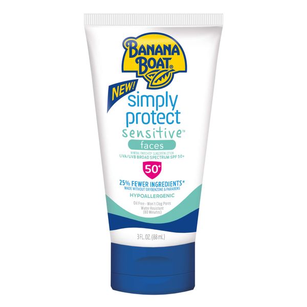 Banana Boat 100% Mineral, Reef Friendly, Broad Spectrum Sensitive Skin Sunscreen Lotion for Faces, SPF 50+, 3 oz. - Pack of 3