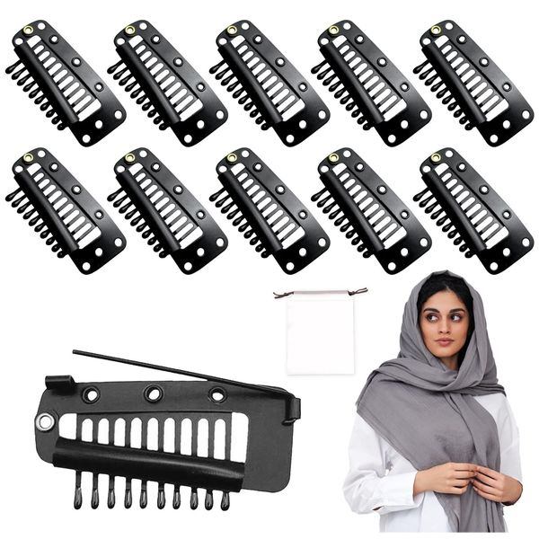 AWAVM 10 Stücke Clips für Extensions mit Sicherheitsnadel, Metall Perücke Clips Haarverlängerung Snap Clip, Schals Sicherheitsnadel, Kleidung, Kopftuch, Rock (Schwarz)