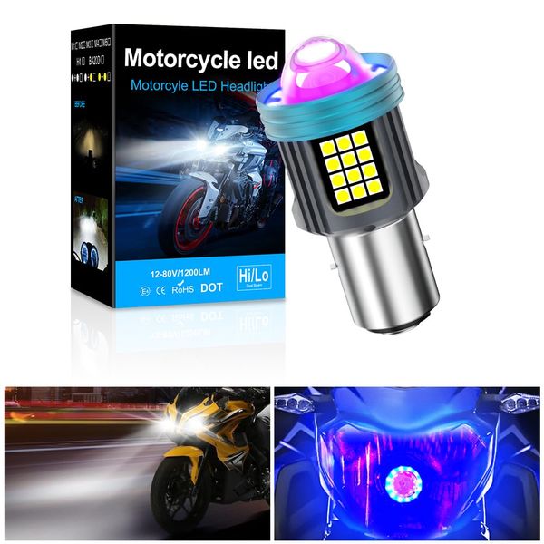 KaiDengZhe H6 LED Headlight Bulb Motorcycle with Blue-ray Angel Eye Devil Eye, 1PCS Moto BA20D LED High Low Beam Light with 4 Lighting Modes, 12V-80V 3000LM LED Bulb with HD Projector (White)