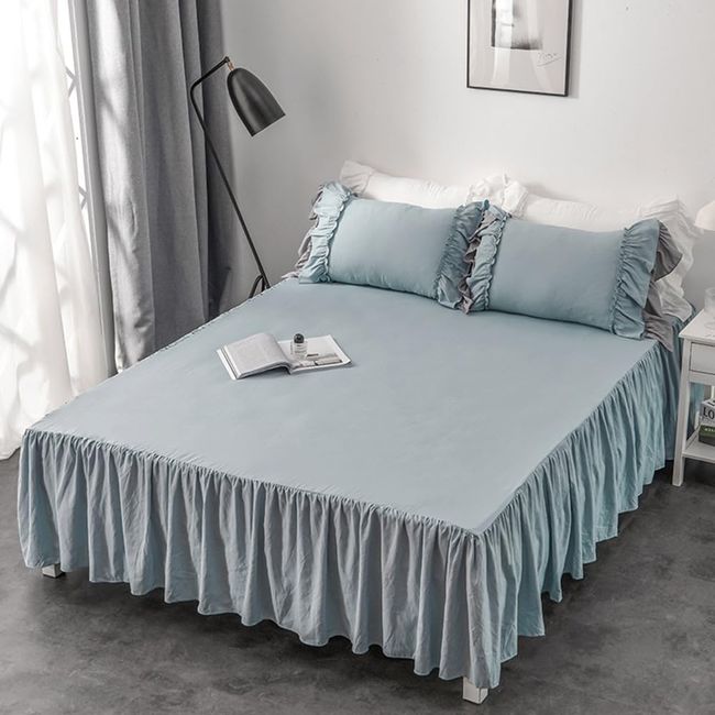 Bed Skirt Double Simple Solid Color Bedspread Bed Sheet Bed Cover Princess Style Princess Style 140*200cm + Skirt 43cm (Blue)