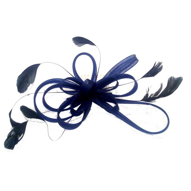 Coiled net & feather- hair fascinator on comb[Navy Blue]