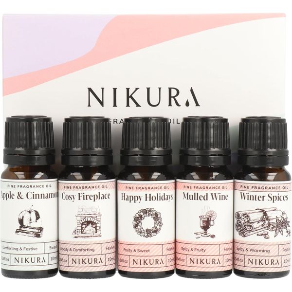 Nikura Winter Cosy Night in Fine Fragrance Oil Gift Set - 5 x 10ml | Perfect for Diffusers for Home, Soap & Candle Making, Wax Melts, Burner | for use in Bath Bombs, Perfume Scents | UK Made