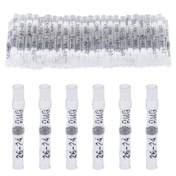 100 PCS Solder Seal Wire Connectors Heat Shrink Solder Butt Connectors Waterproof Insulated Electrical Butt Splice Wire Terminals, White 26-24 AWG