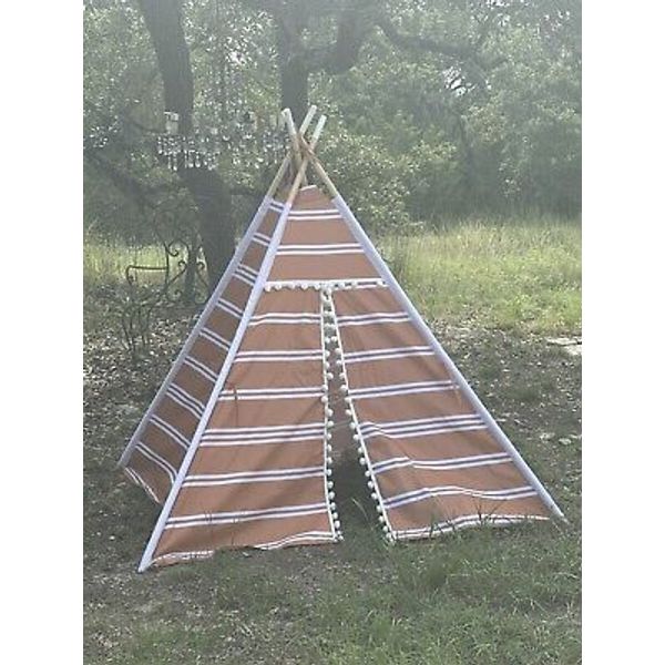 Kids Play Tent, Burnt Orange and White Stripe. Flap doors can be tied open