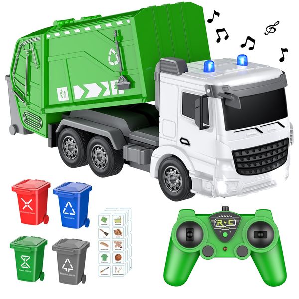 CALEST 2.4Ghz Remote Control Garbage Truck Toys,1/24 RC Garbage Truck with 4 Trash cans 6 Channel Remote Control Waste Management Garbage Truck, 100pcs Garbage Sorting Cards, Gifts for Boys 3+