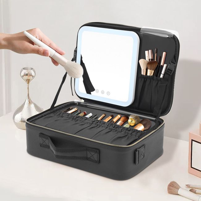 Travel Makeup Train Case Storage Bag With Mirror&Lights Cosmetic Bag Organizer