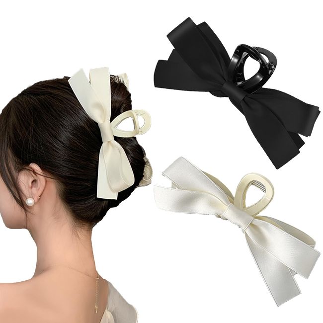 Bow Hair Claw,Bow Clip for Women Black with white Nonslip Bow Hair Claws Clip Vintage Bow Hair Claw,Satin Bow Stronger Hair Clamps Suitable for Straight and Curly Hair of Any Thickness(Black & White)