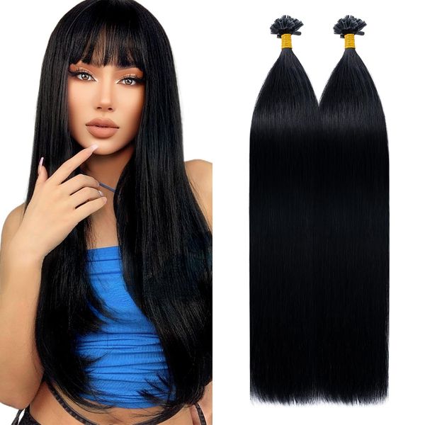 Silk-co U Tip Human Hair Extensions Pre Bonded Keratin Nail Tip 22"-100g 100S Strands #01 Jet Black Remy Real Long Straight Silky Soft