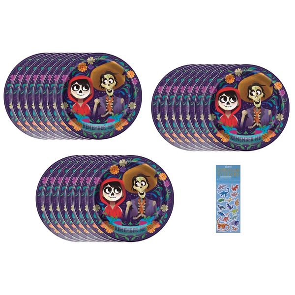 Unique Coco Party Supplies Bundle Pack includes 24 Lunch Paper Plates and 1 Dinosaur Sticker Sheet