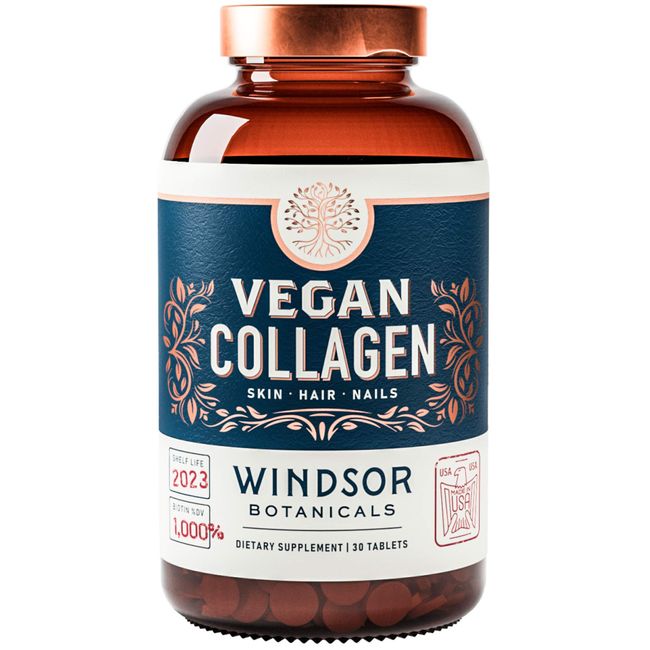 Vegan Collagen Builder Tablets by Windsor Botanicals - Non-GMO, Vegetarian, Plant-Based Supplement - Strengthens Skin, Hair, Nails and Joints - 30 Tablets