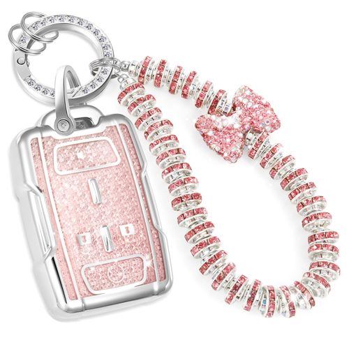 CTRINEWS for GMC Key Fob Cover with Fashionable Zirconia Wristlet KeyChain, Enchanting Diamond Patterns Soft Case for Canyon Sierra 1500HD Yukon XL Chevy Colorado Tahoe (4 buttons) (Pink, B)