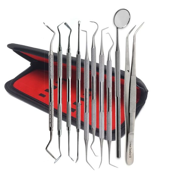 Dental Care Set Dentist Tools Kit of 10 Pcs Professional Calculus and Plaque Remover Oral Hygiene Set Made of Stainless Steel Tarter Removing Probes and Mouth Mirror + Cotton Pliers for Oral Care