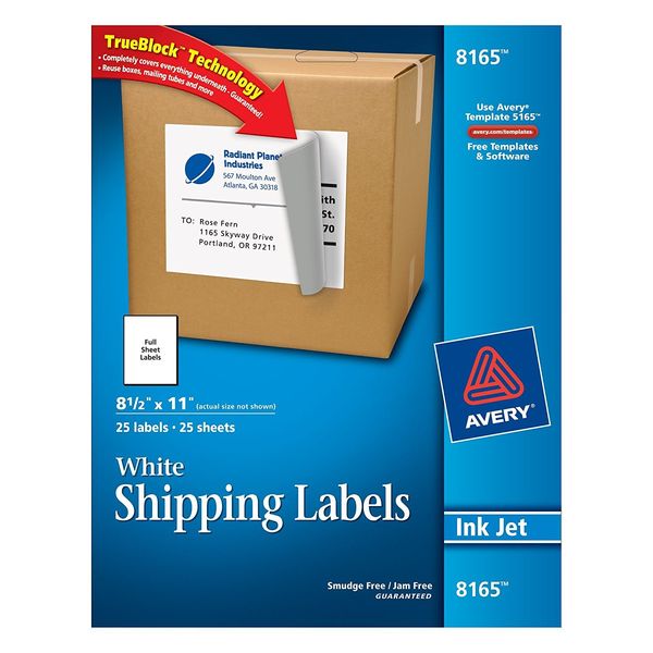 Avery Full Sheet Printable Shipping Labels, 8.5" x 11", White, 25 Blank Mailing Labels (8165)