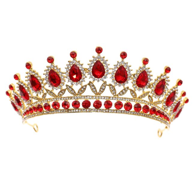 FORSEVEN Queen Princess Tiaras and Crowns Bridal Headband Women Girls Prom Party Diadem Wedding Hair Jewelry Accessories (Gold Red)