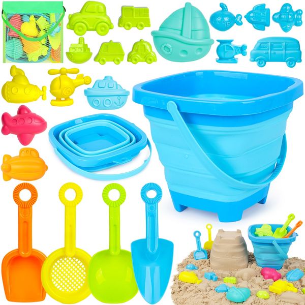 AMOR PRESENT 22PCS Beach Toys for Kids, Sandbox Toys Vehicle Sand Molds Collapsible Sand Bucket Shovels Mesh Bag for Outdoor Summer Beach Party