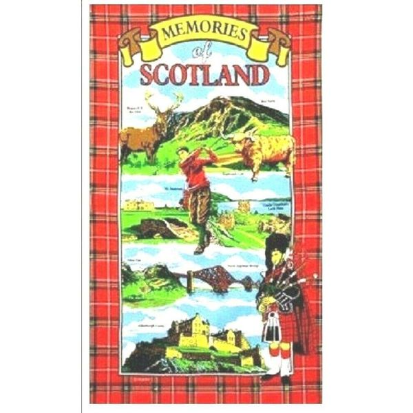 Memories of Scotland Tea Towel Souvenir Gift Scottish Red Tartan Bordering