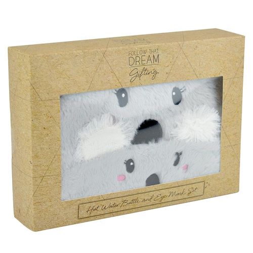 A2Z Warm Winter Koala 700ML Hot Water Bottle Matching Eye Mask Gift Set Cute Plush Animal Plain Design Removable Covers Breathable Relief Cosy Nights Relaxation
