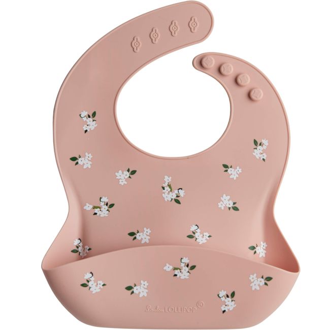 Loulou Lollipop Soft, Waterproof Silicone Feeding Bib for Babies and Toddlers 3 to 36 Months, Easy to Clean, Adjustable Fit and Catch-All Pouch - White Flower