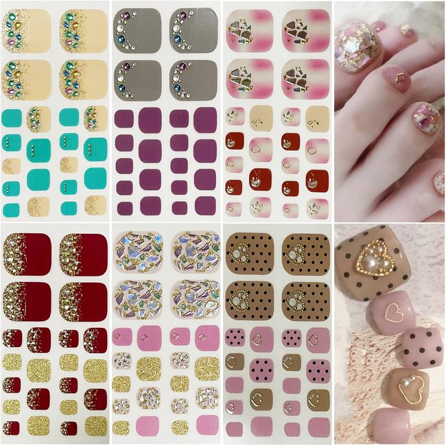 Turkalla Nail Stickers for Feet, 6 Pieces, 3D Nail Stickers, Toe Nails, Gel Nail Stickers, Just Stick, Nail Design, Nail Art, Nail Wrap, Nail Jewelry, Popular, Cute, Women's, Beginners (E7)