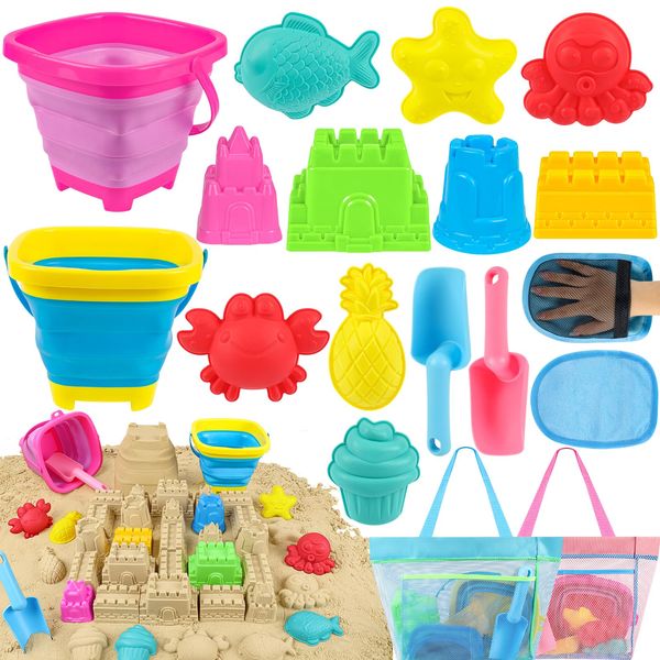 FUSPWEAO Collapsible Beach Toys Sand Toys for Kids, Sandbox Toys with 2 Collapsible Beach Buckets, Mesh Bags, Sand Molds, Sand Castle Toys for Beach, Travel Beach Toys for Kids 3-10