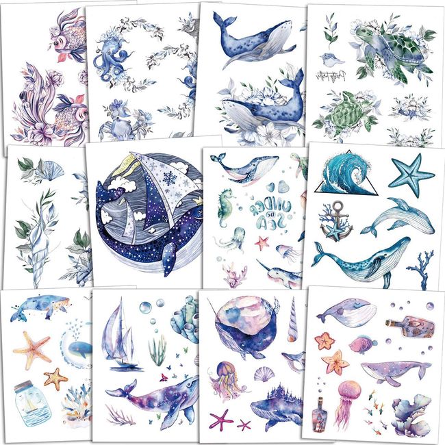 Qpout 120pcs Ocean Animals Temporary Tattoos for Kids, Fake Sea Animal Tropical Ocean Fish Shark Dolphin Waterproof Tattoo Stickers Baby Shower Girls Boys Birthday Party Favor Supplies