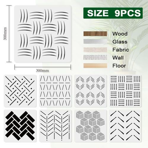 FINGERINSPIRE 9 PCS Simple Lines Stencils for Painting with Brush 11.8x11.8inch Reusable Geometric Figure Template Hollowed Sketch Wall Art Stencil Plastic PET Graffiti Theme Template for Decoration